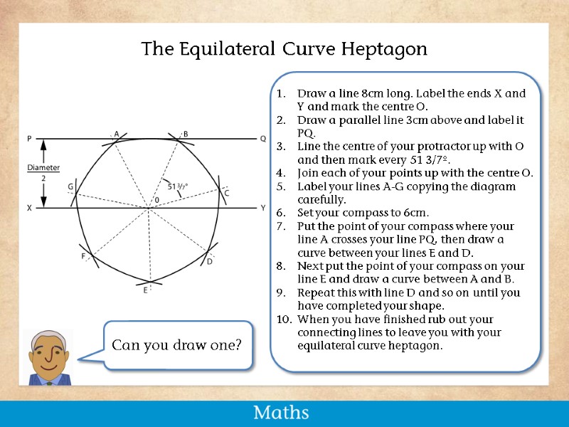 The Equilateral Curve Heptagon Draw a line 8cm long. Label the ends X and